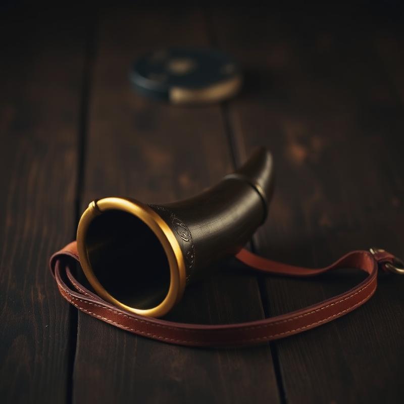 Wikinger-Trinkhorn mit Bronzebeschlag und Lederriemen