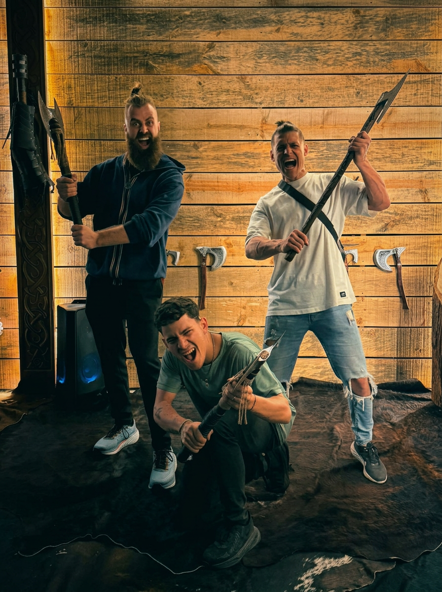 Das Team von Valhalla World posiert mit Wikingerwaffen im Spielzimmer