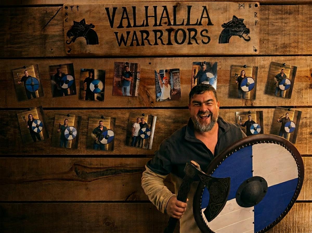Die Wand der Walhalla-Krieger mit Fotos und Wikinger-Äxten